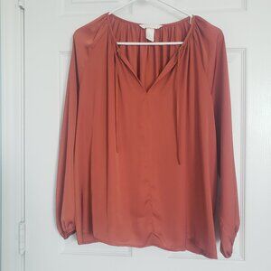 H&M Conscious Burnt Orange Satin Puff Sleeve Oversized Blouse Size 10 Boho Boxy